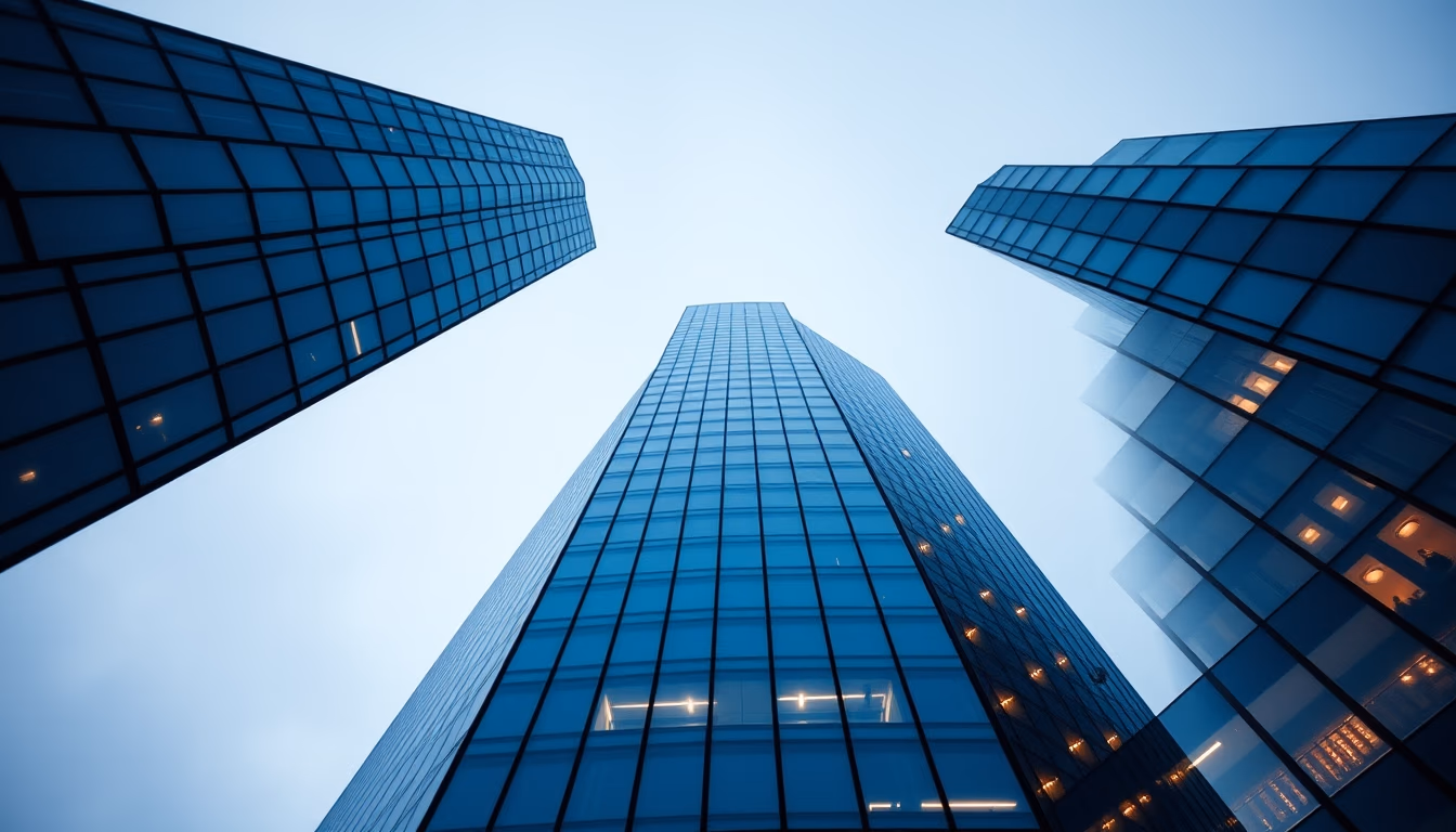 corporate skyscraper from below in editorial style