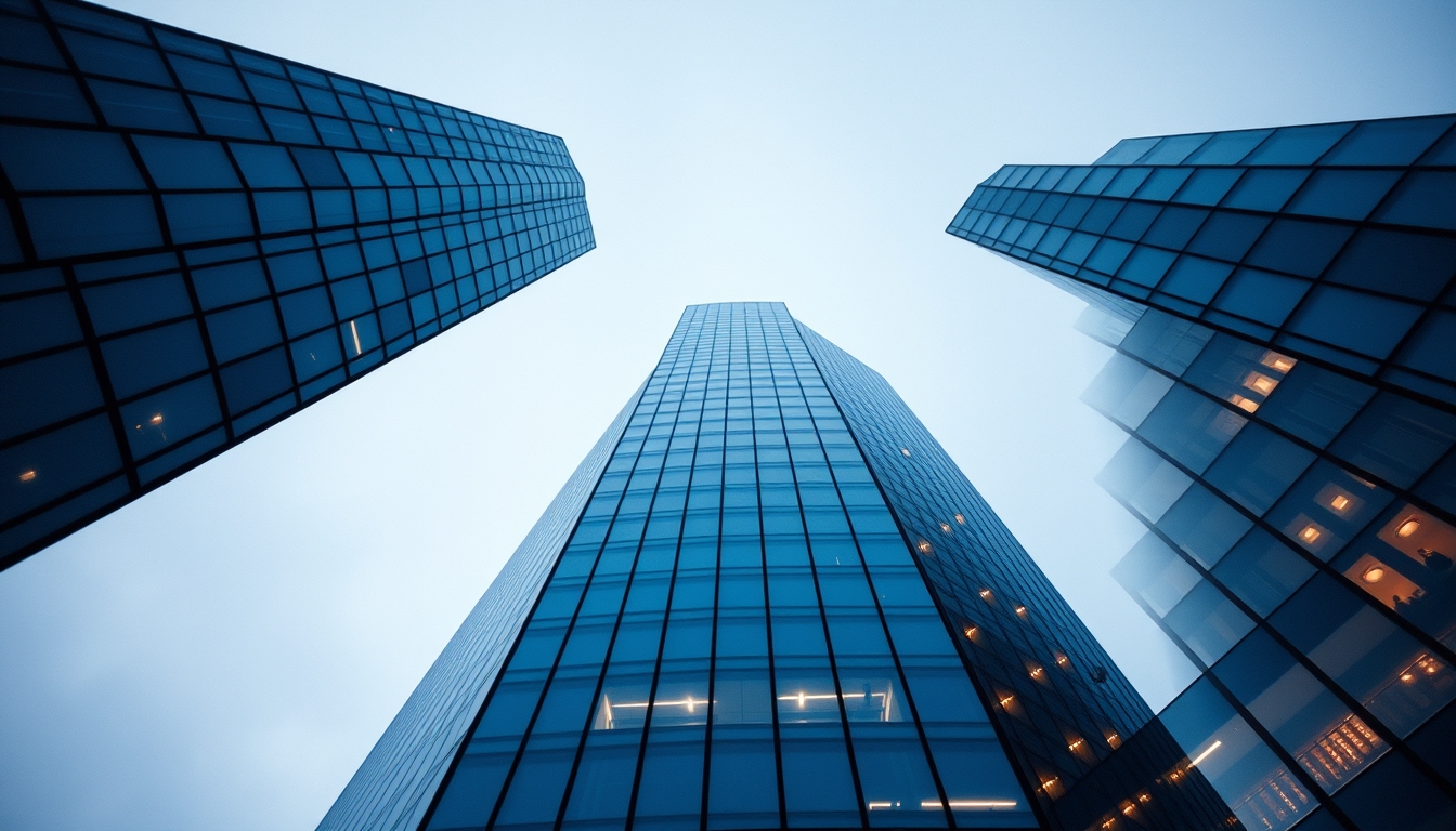 corporate skyscraper from below in editorial style