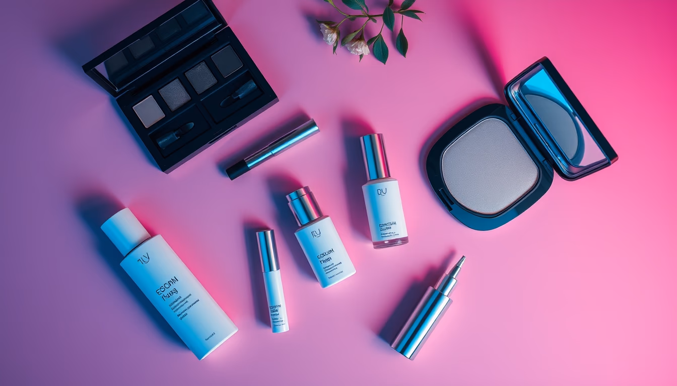 cosmetics flat lay pink background in editorial style