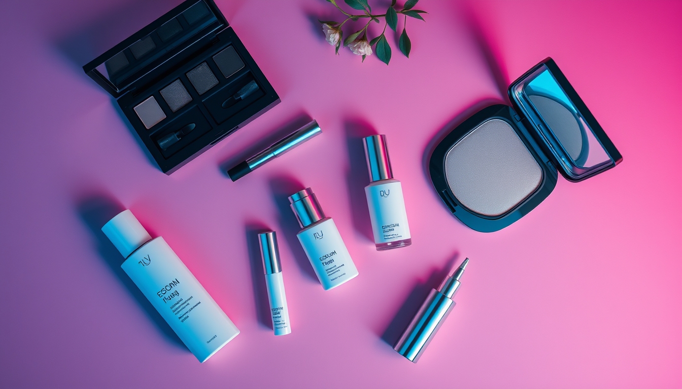 cosmetics flat lay pink background in editorial style