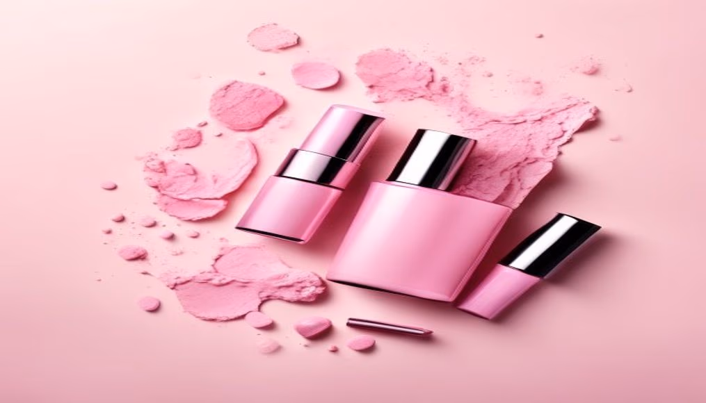 cosmetics flat lay pink background in editorial style