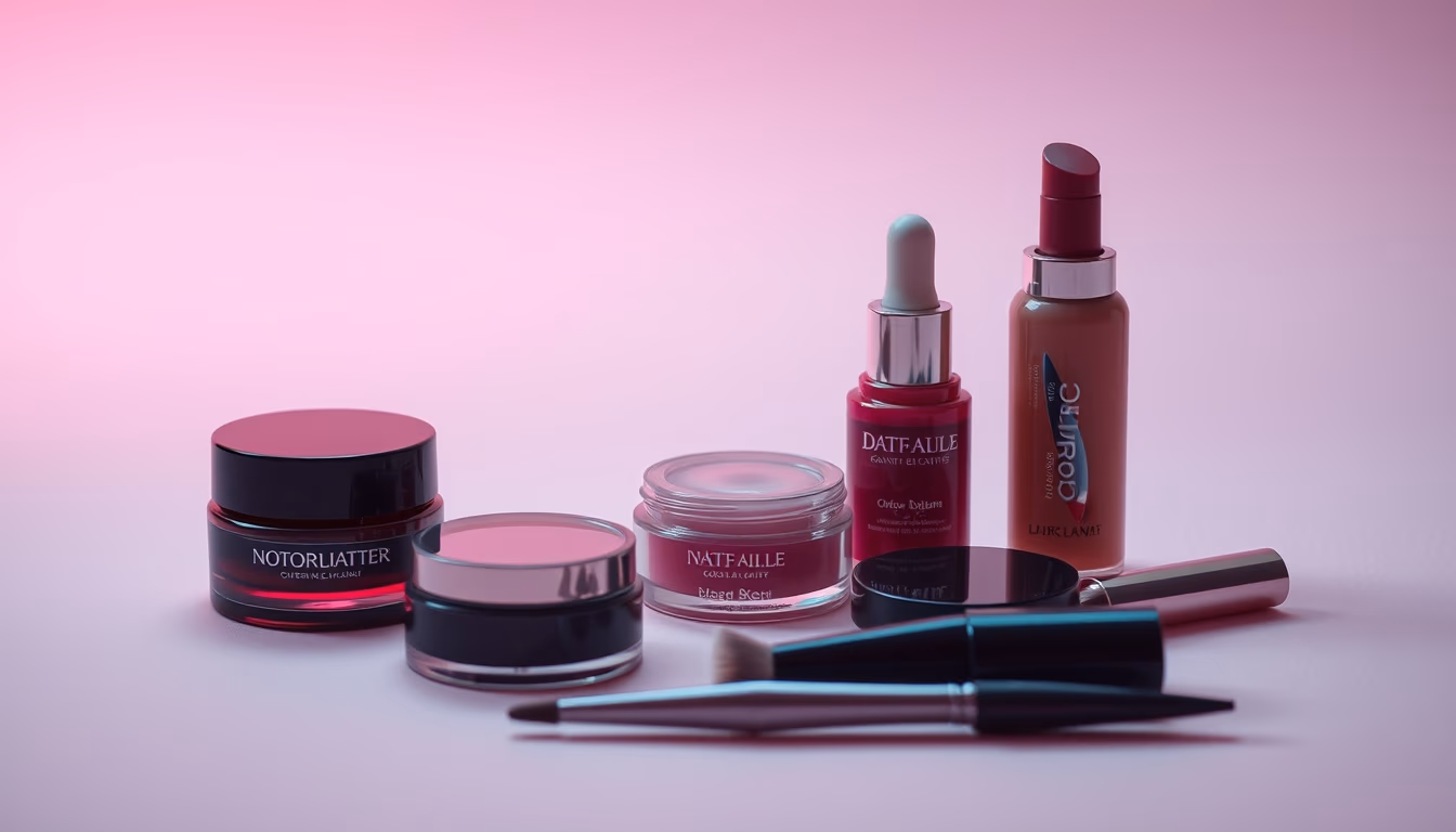 cosmetics flat lay pink background in editorial style