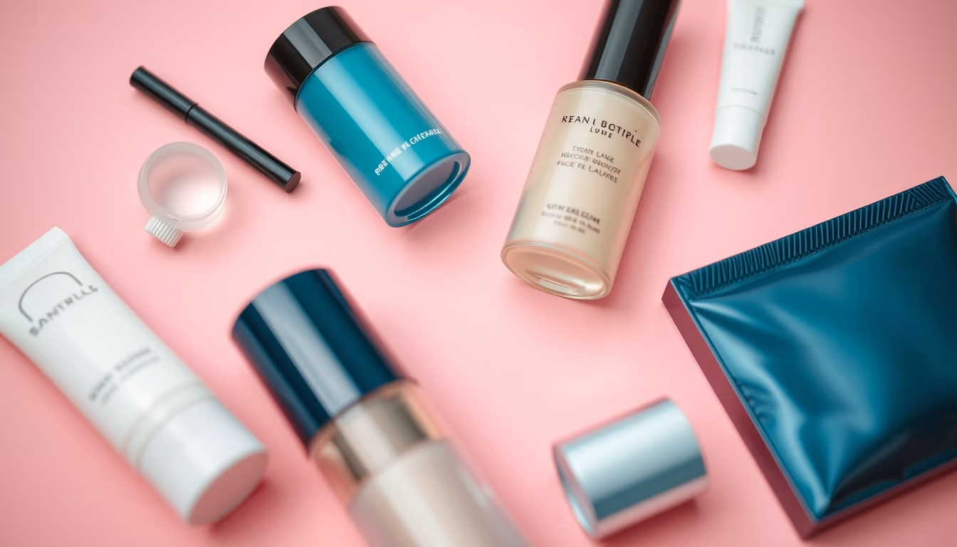 cosmetics flat lay pink background in editorial style