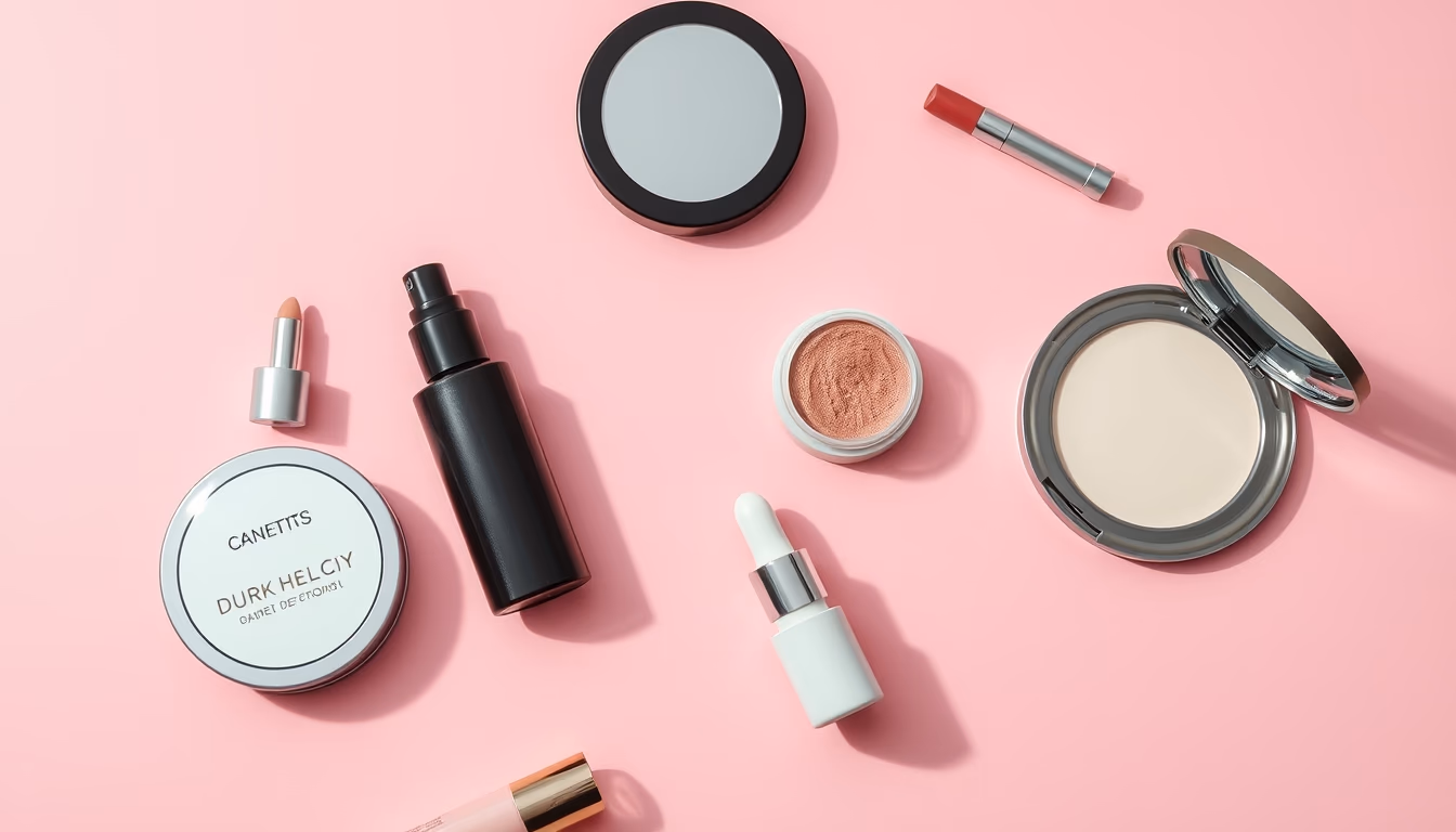 cosmetics flat lay pink background in editorial style