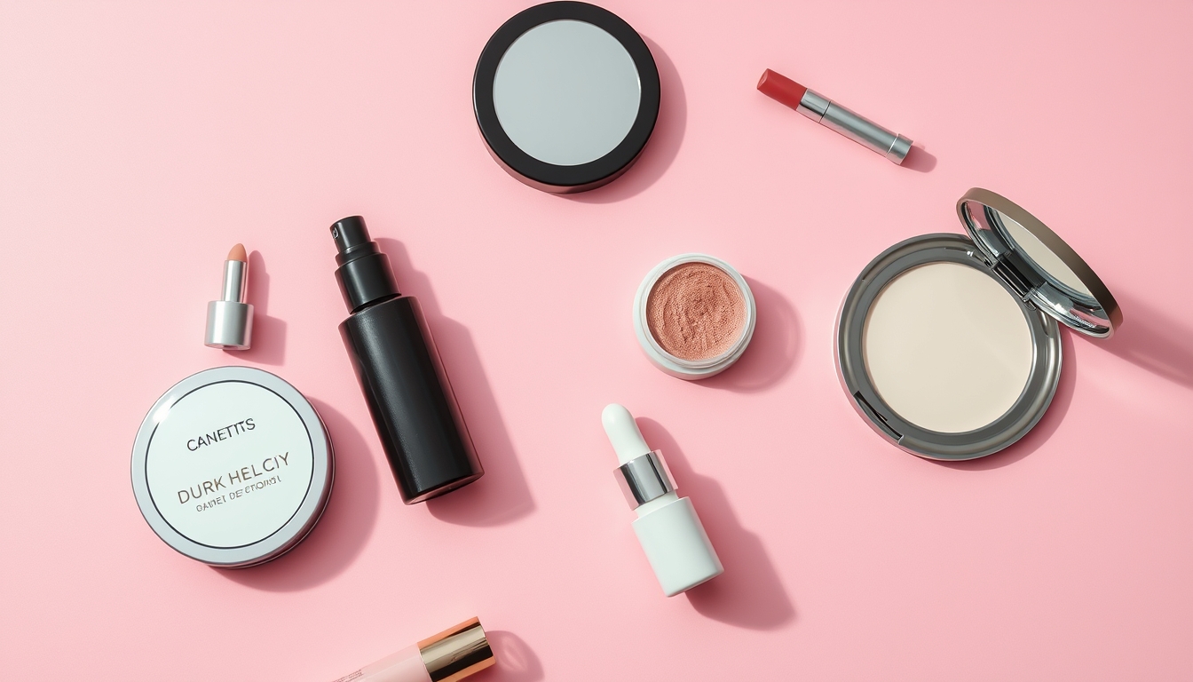 cosmetics flat lay pink background in editorial style
