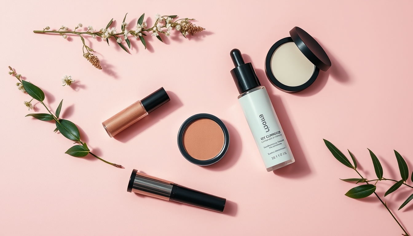 cosmetics flat lay pink background in editorial style
