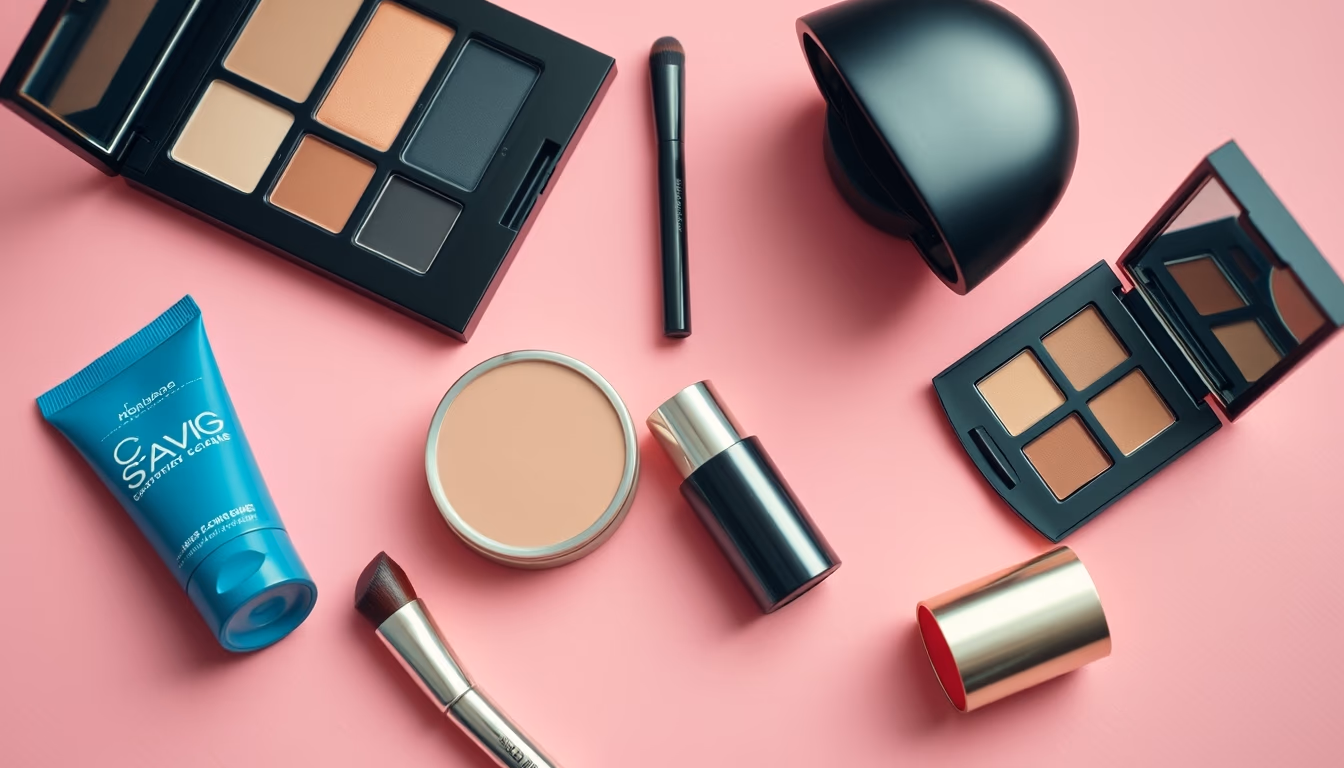cosmetics flat lay pink background in editorial style