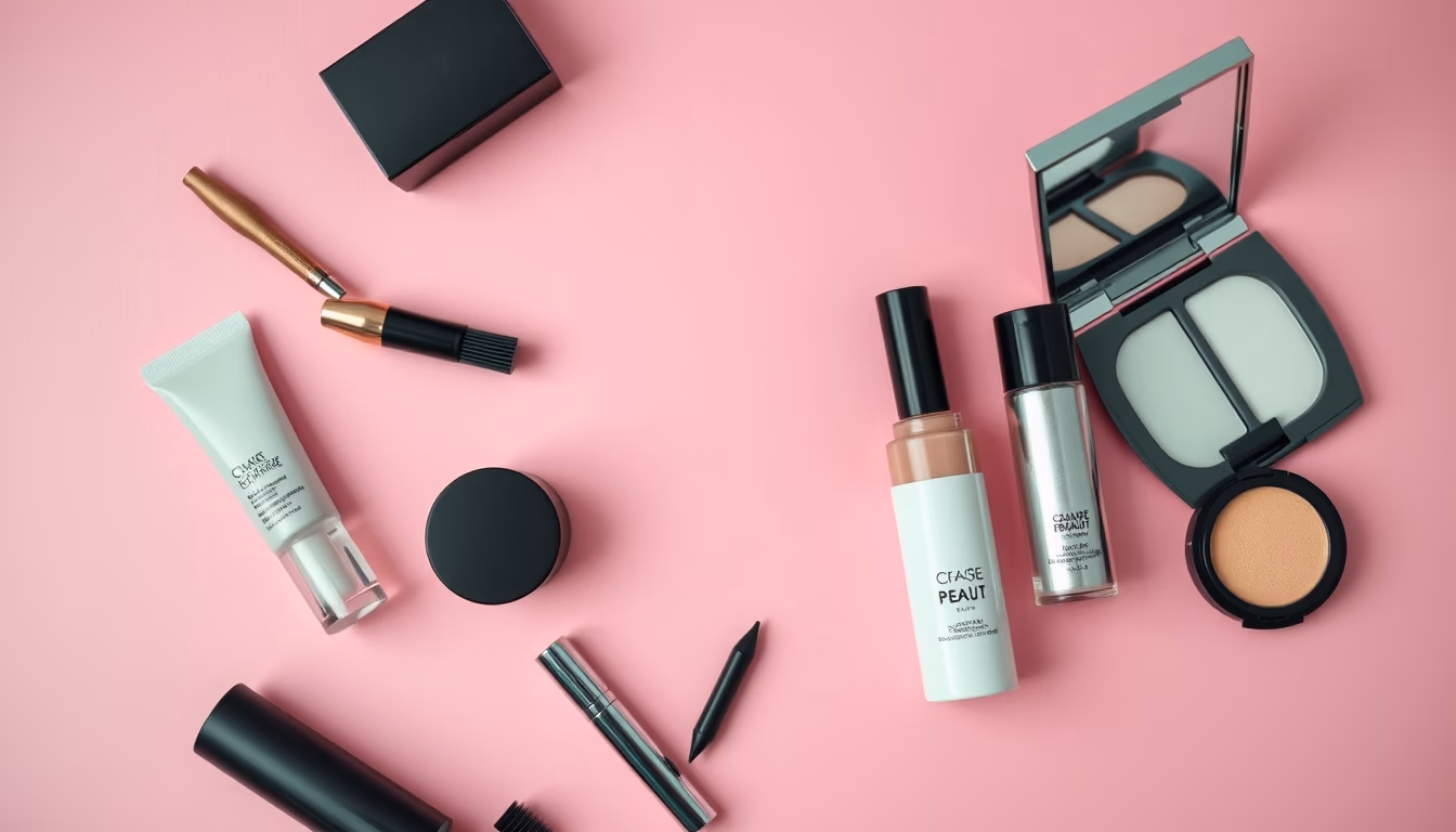 cosmetics flat lay pink background in editorial style