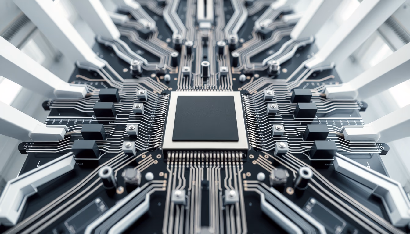 cpu chip pin grid in editorial style