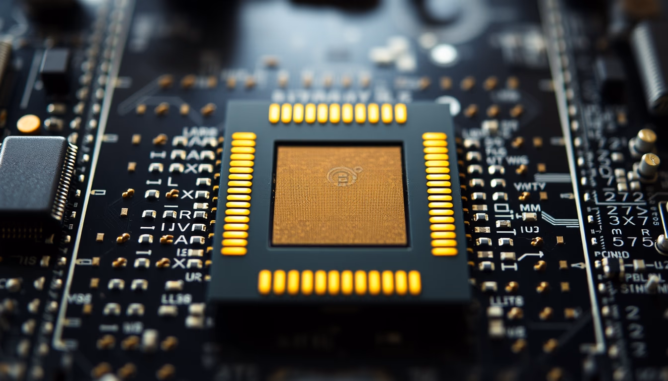 cpu chip pin grid in editorial style