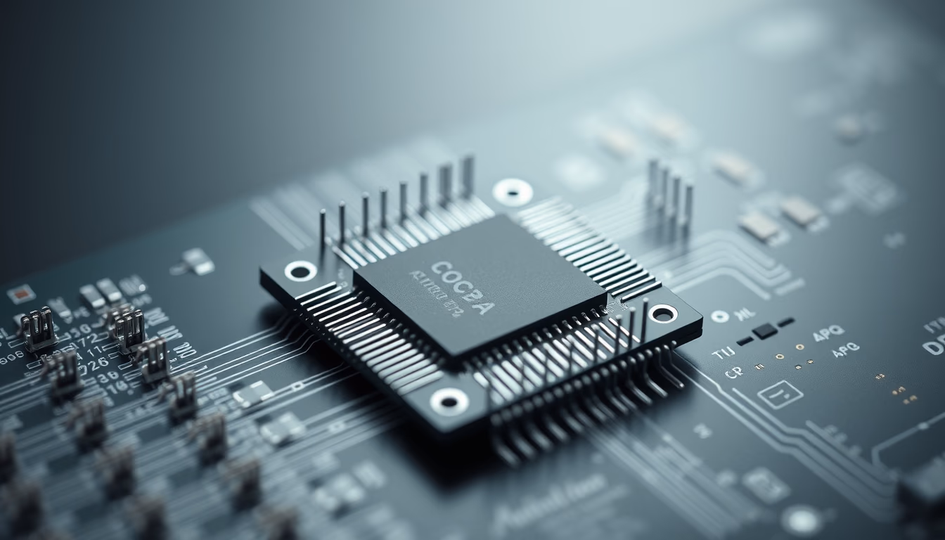 cpu chip pin grid in editorial style