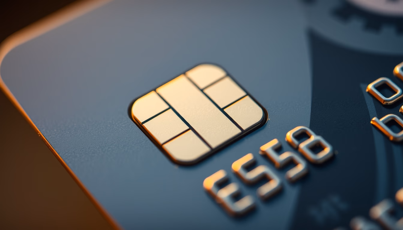 credit card chip closeup macro photography of EMV chip in editorial style