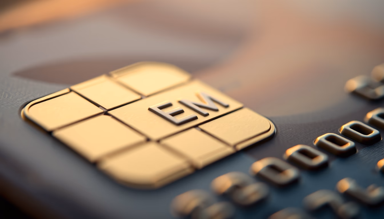 Chip de cartão de crédito closeup macro do chip EMV em estilo editorial