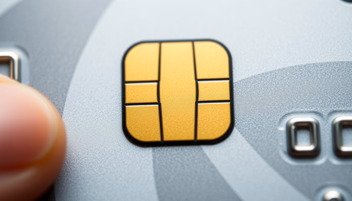 credit card chip closeup macro photography of EMV chip in editorial style
