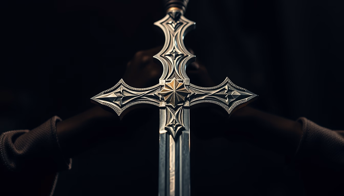 crusader sword cross in editorial style