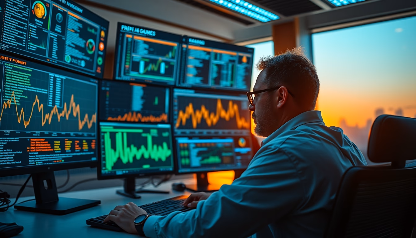 crypto dashboard on multiple monitors in editorial style