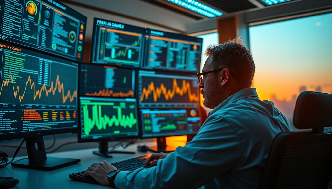 crypto dashboard on multiple monitors in editorial style