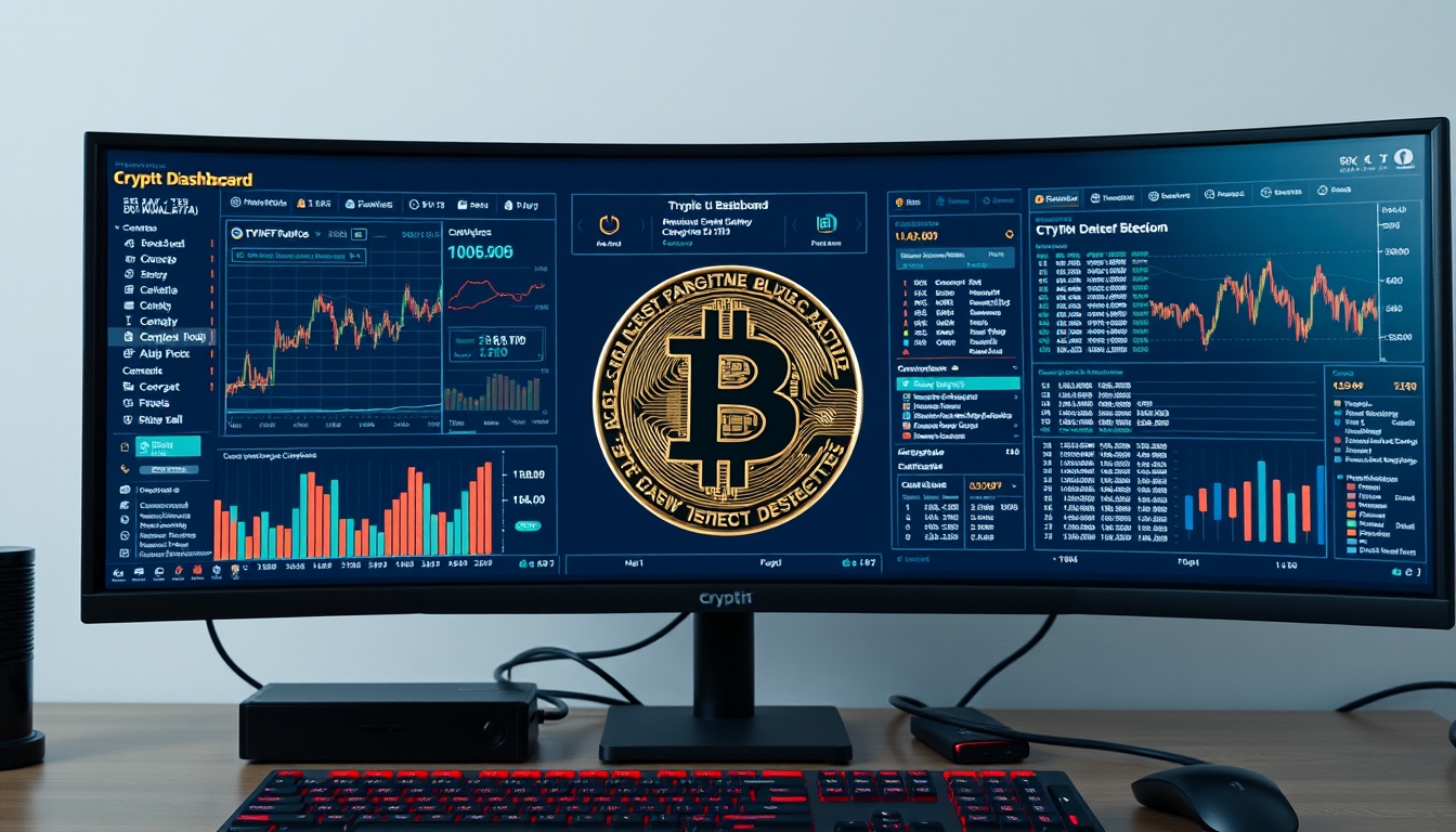 crypto dashboard on multiple monitors in editorial style