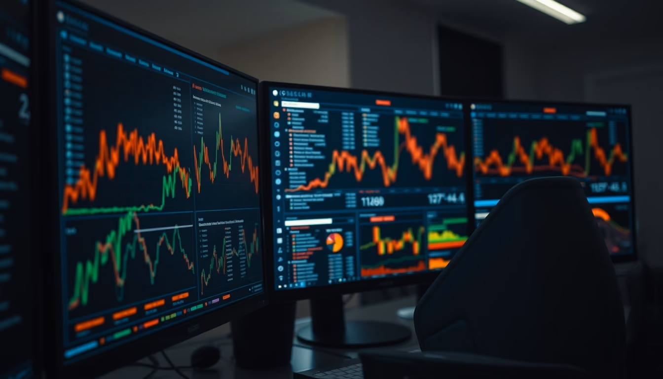 Crypto dashboard on multiple monitors em estilo editorial