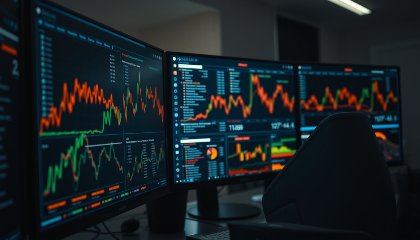 crypto dashboard on multiple monitors in editorial style