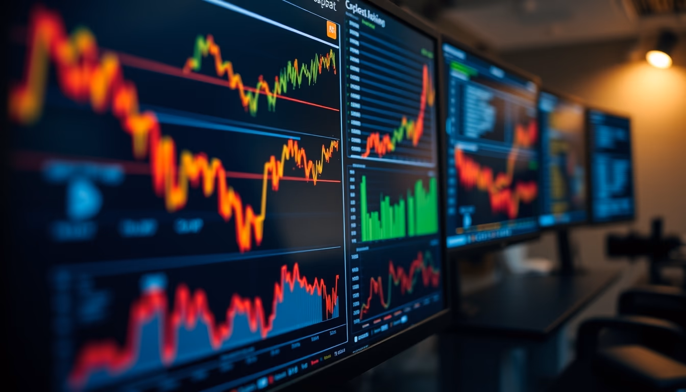 Crypto dashboard on multiple monitors em estilo editorial