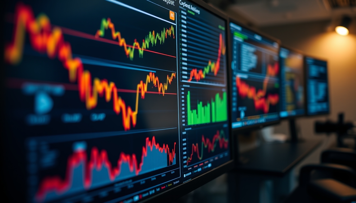 crypto dashboard on multiple monitors in editorial style