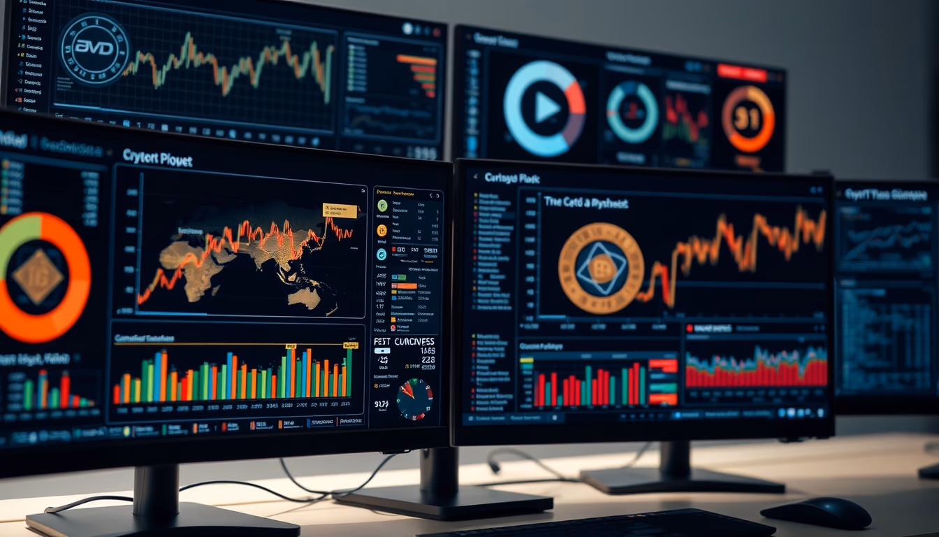 crypto dashboard on multiple monitors in editorial style