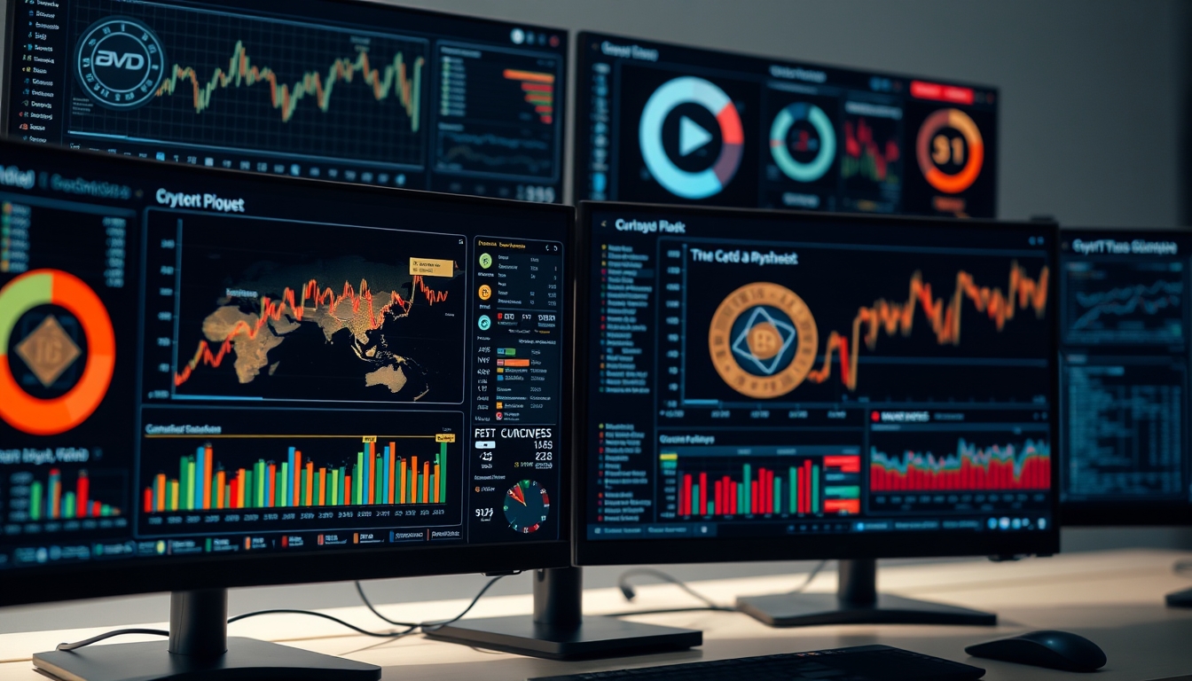 crypto dashboard on multiple monitors in editorial style