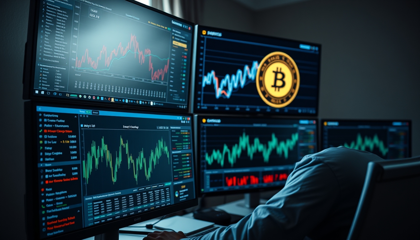 crypto dashboard on multiple monitors in editorial style