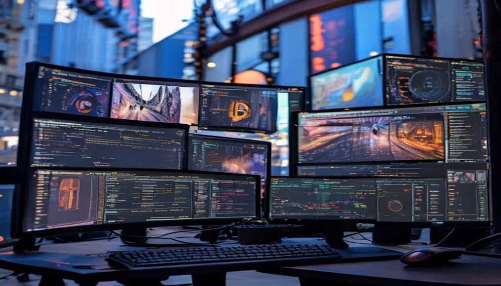 crypto dashboard on multiple monitors in editorial style