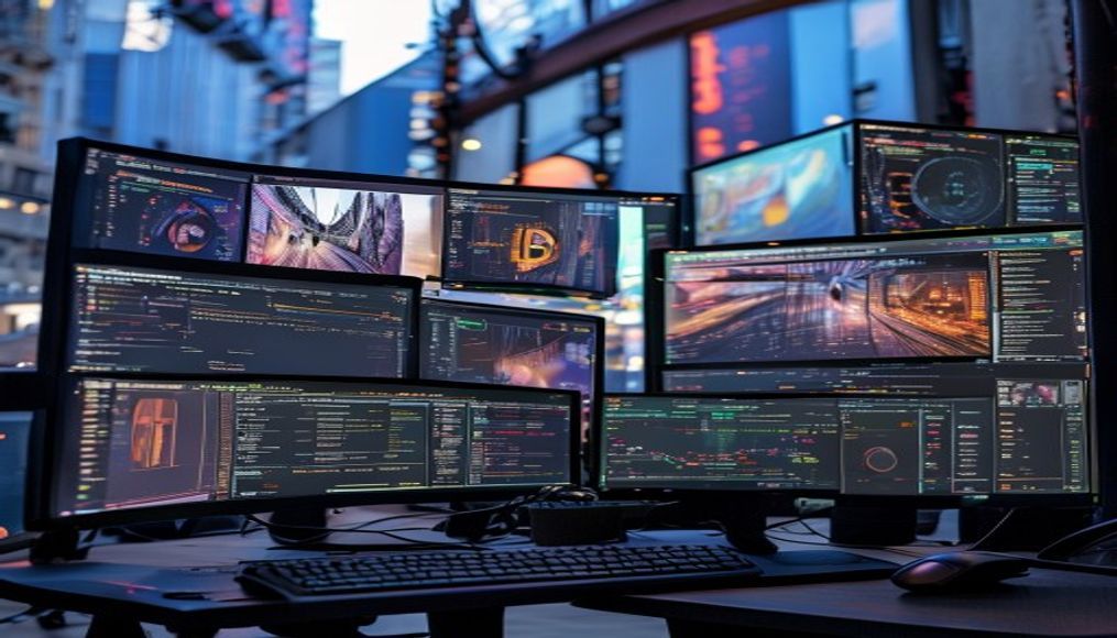 crypto dashboard on multiple monitors in editorial style