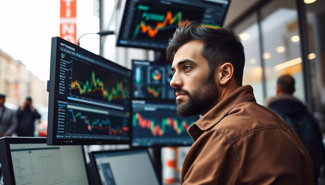 crypto dashboard on multiple monitors in editorial style