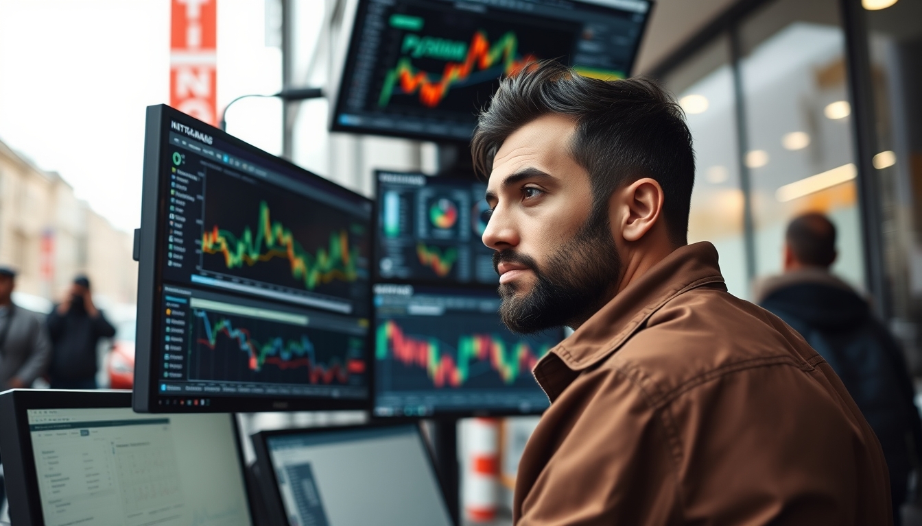 crypto dashboard on multiple monitors in editorial style