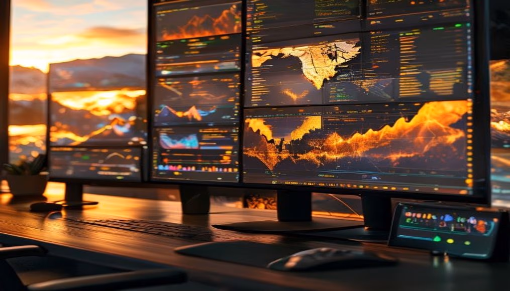 crypto dashboard on multiple monitors in editorial style