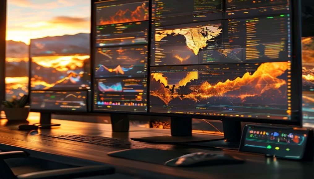 crypto dashboard on multiple monitors in editorial style