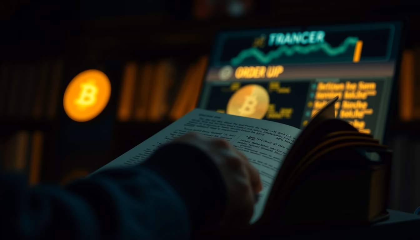 Exchange de cripto order book screen em estilo editorial