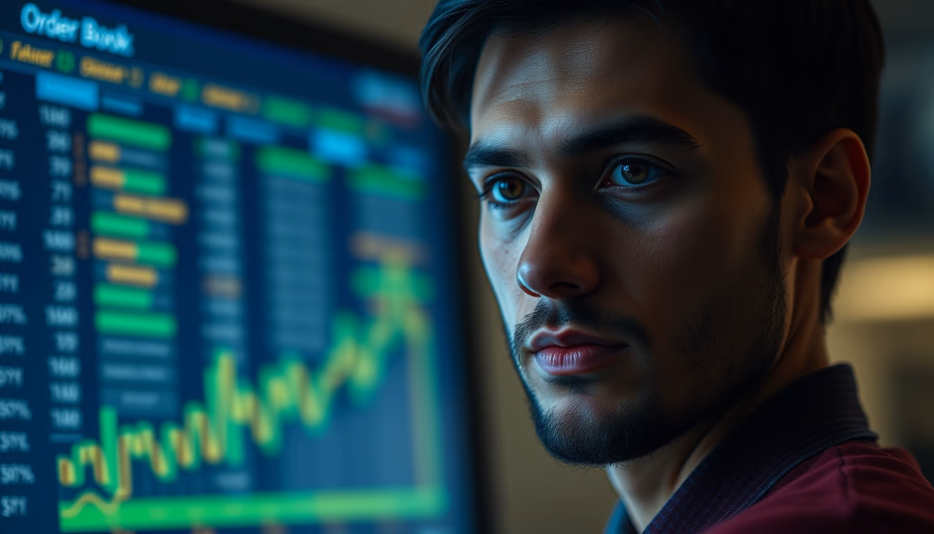 Exchange de cripto order book screen em estilo editorial