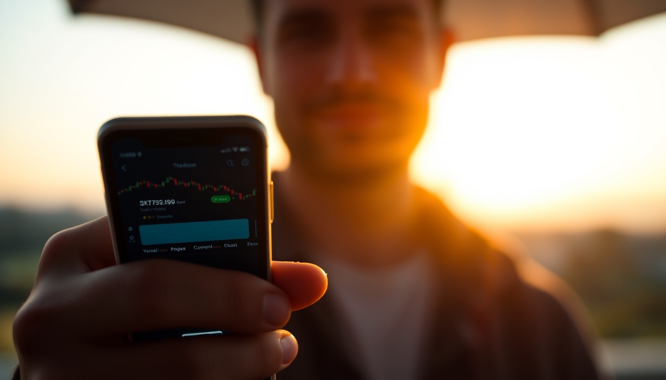 Crypto exchange UI on smartphone showing trading pair em estilo editorial