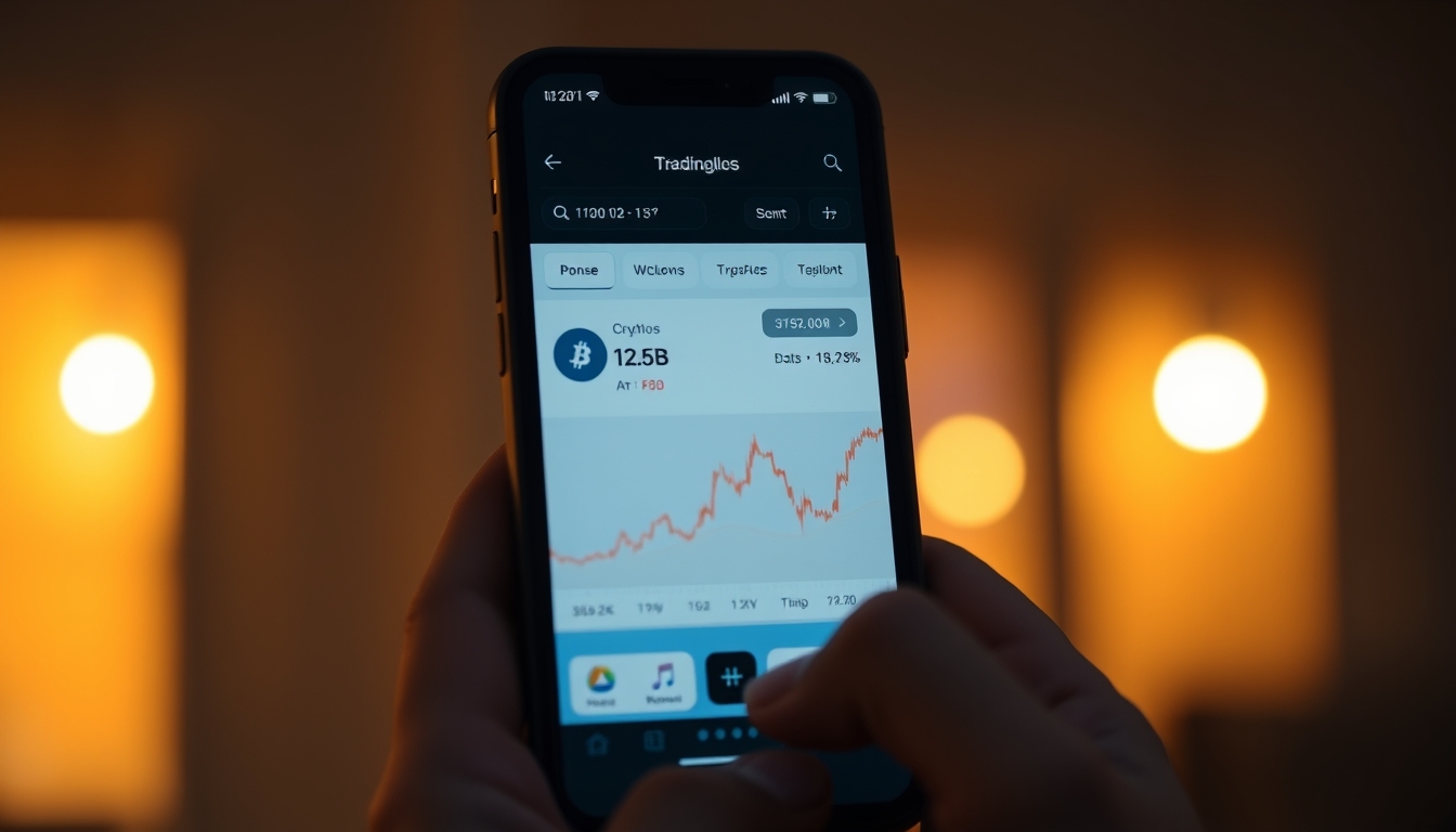 Crypto exchange UI on smartphone showing trading pair em estilo editorial