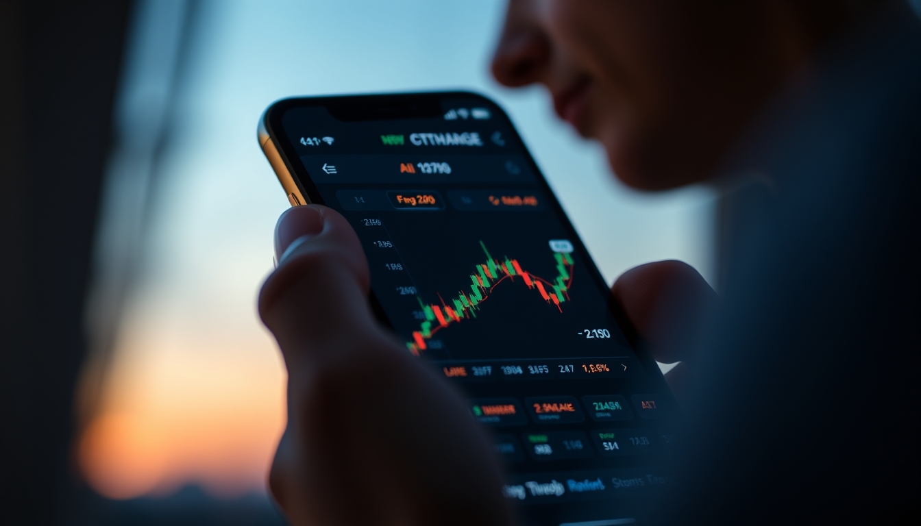 Crypto exchange UI on smartphone showing trading pair em estilo editorial