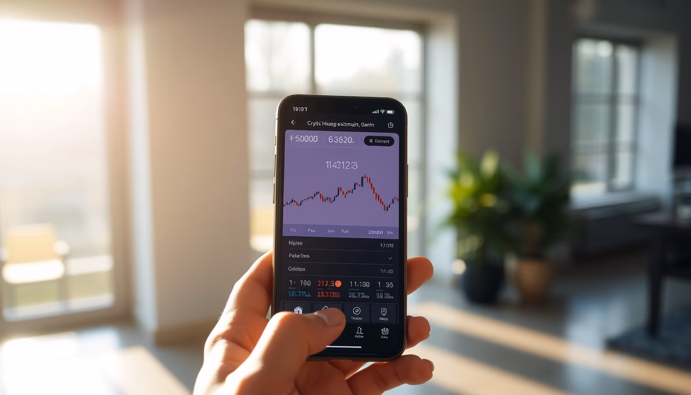 Crypto exchange UI on smartphone showing trading pair em estilo editorial