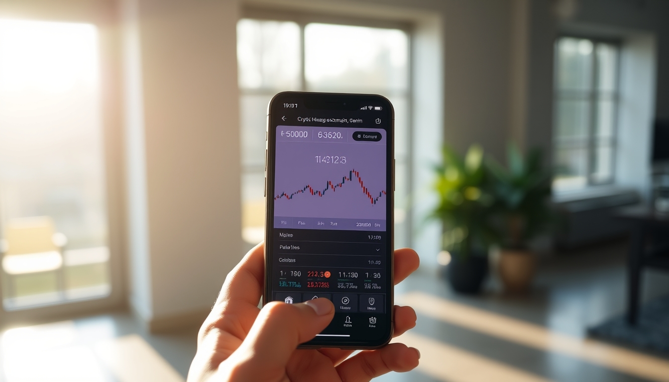 Crypto exchange UI on smartphone showing trading pair em estilo editorial