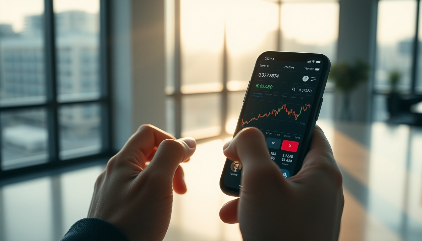 Crypto exchange UI on smartphone showing trading pair em estilo editorial