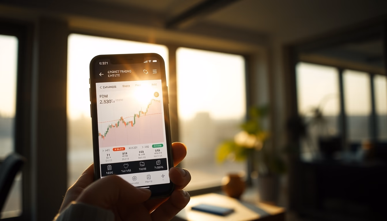 Crypto exchange UI on smartphone showing trading pair em estilo editorial