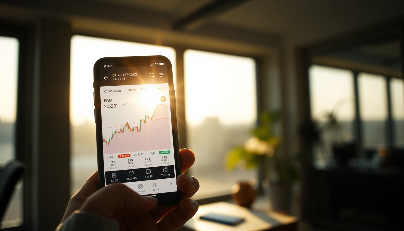 Crypto exchange UI on smartphone showing trading pair em estilo editorial