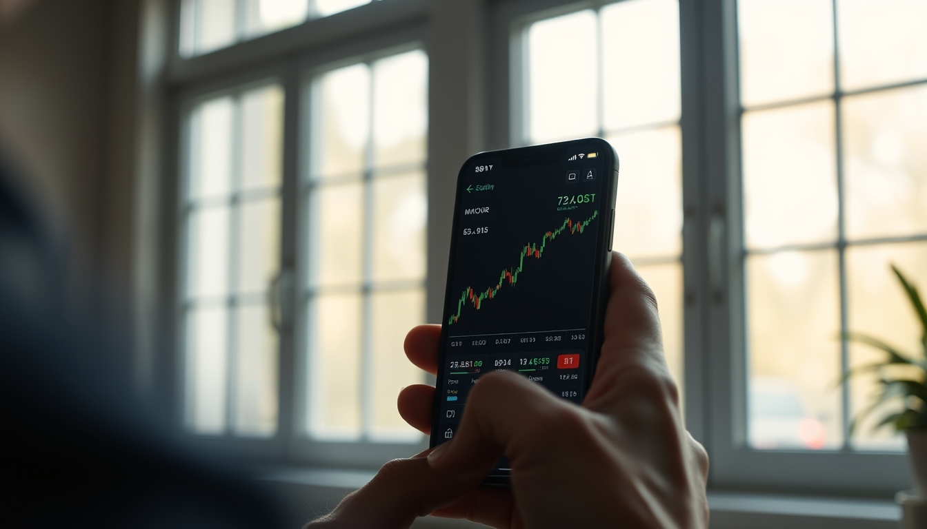 Crypto exchange UI on smartphone showing trading pair em estilo editorial