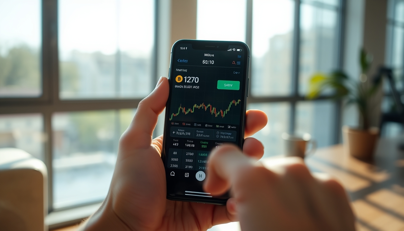 Crypto exchange UI on smartphone showing trading pair em estilo editorial