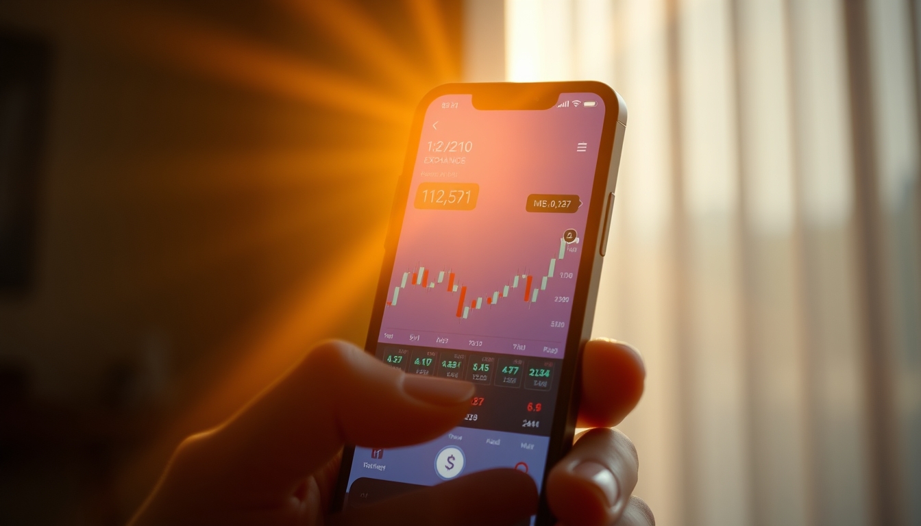 Crypto exchange UI on smartphone showing trading pair em estilo editorial