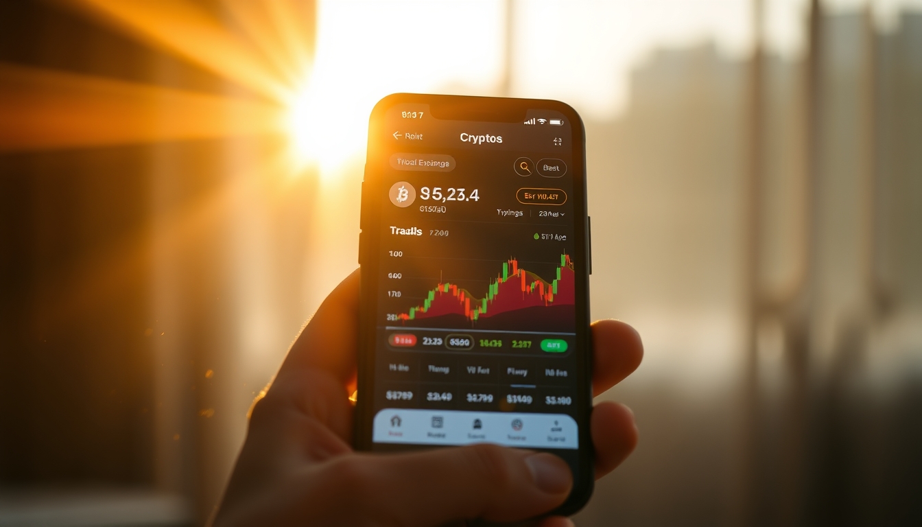 Crypto exchange UI on smartphone showing trading pair em estilo editorial