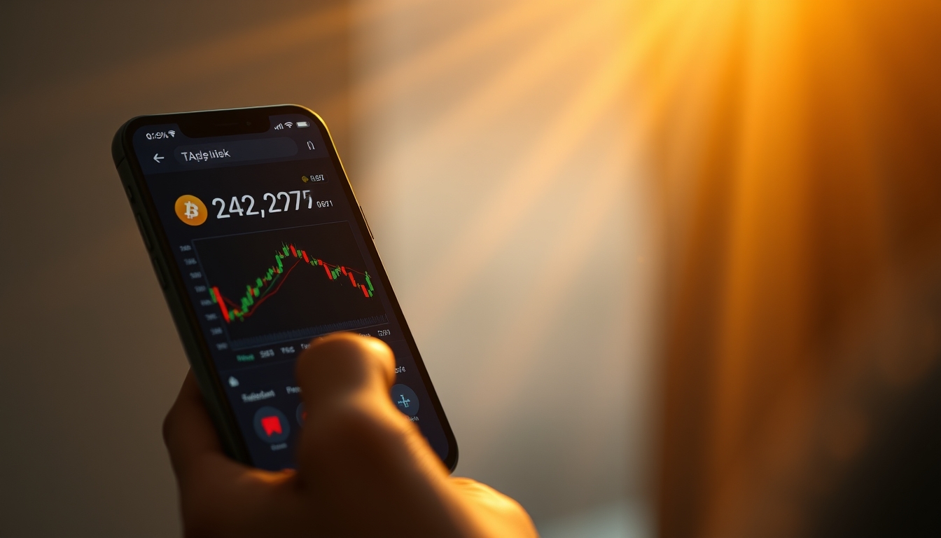 Crypto exchange UI on smartphone showing trading pair em estilo editorial